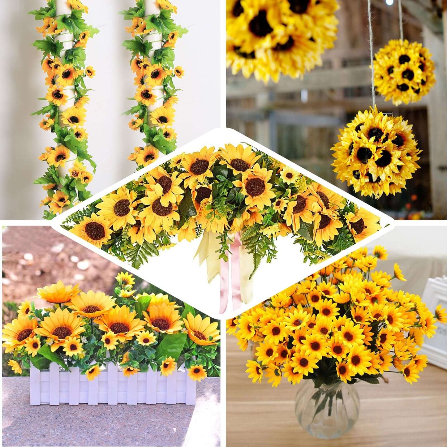 5 Bushes 70 Yellow Artificial Silk Blossomed Sunflowers Vase Decor