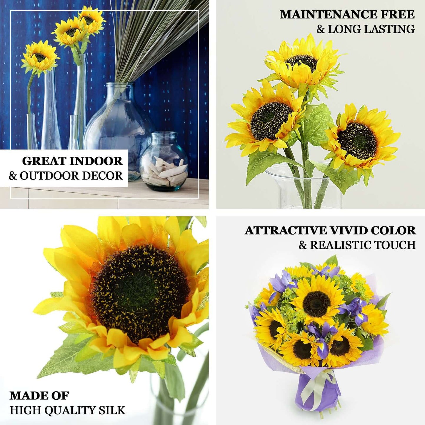 3 Stems Yellow Artificial Silk Sunflower Flower Bouquet Branches 17"