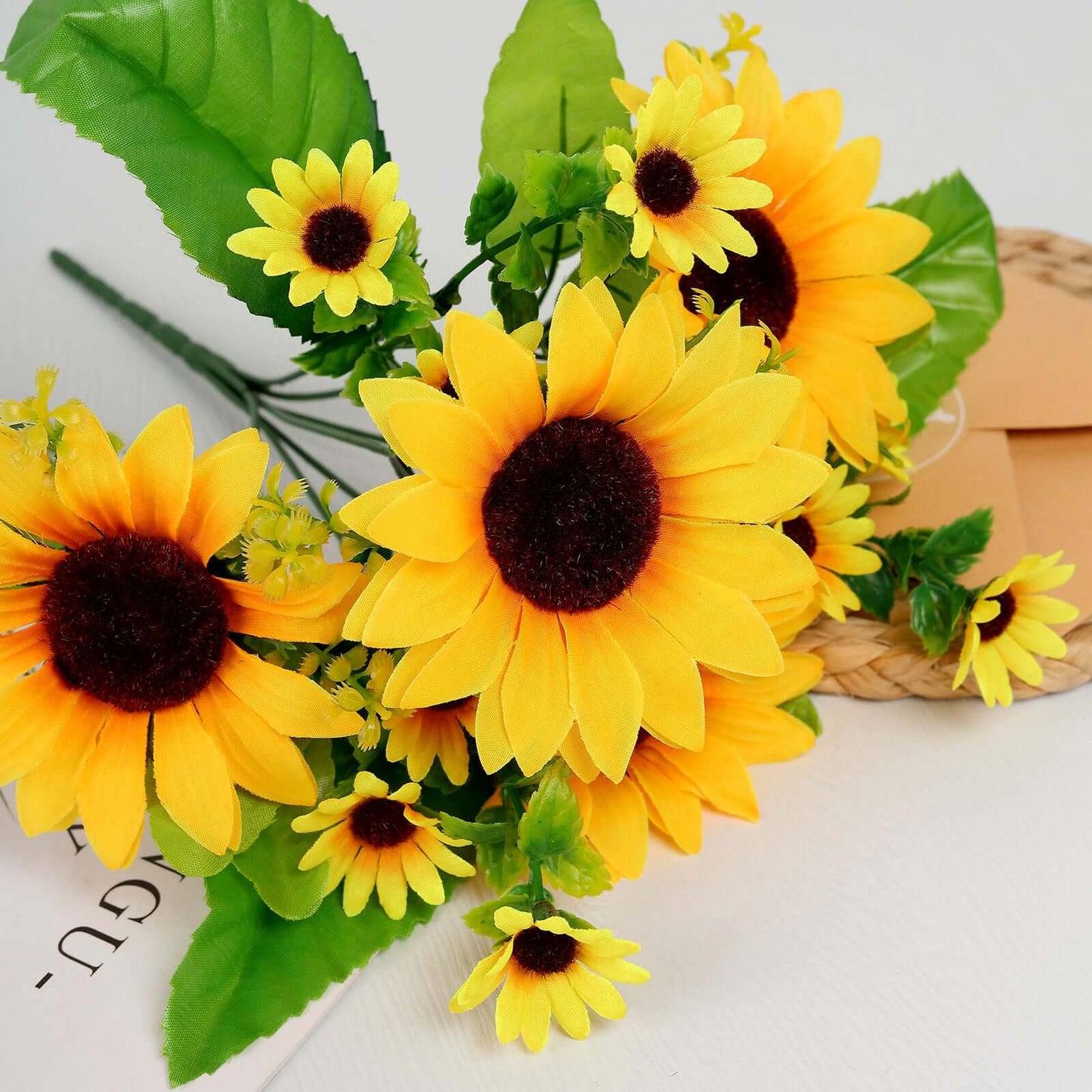 2 Bouquets Yellow Artificial Silk Sunflower Flower Bushes 13"